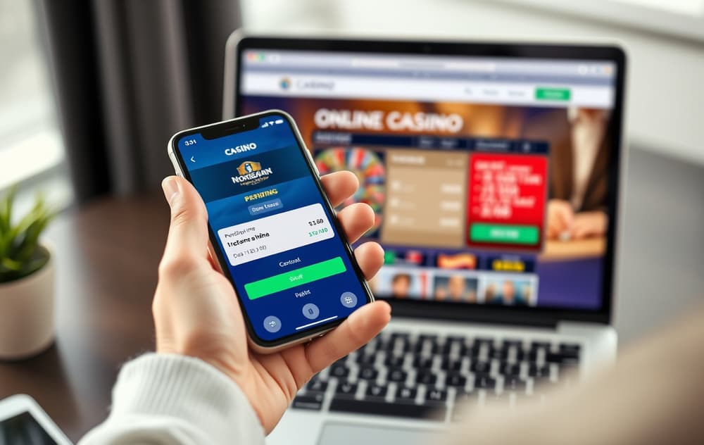 Person med mobil som viser bankoverføring til nettcasino