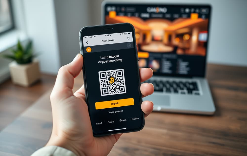 Person med mobil som viser Bitcoin-lommebok med QR-kode for casinoinnskudd, laptop i bakgrunnen med casinolobby.