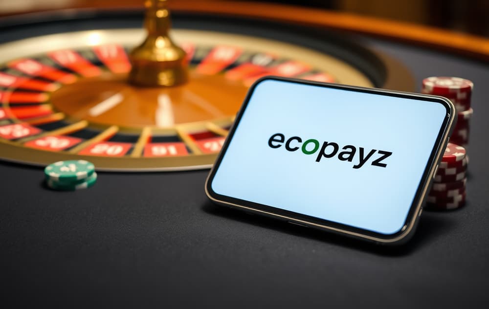 Smarttelefon med Ecopayz betalingsvindu på et casino-bord med ruletthjul i bakgrunnen