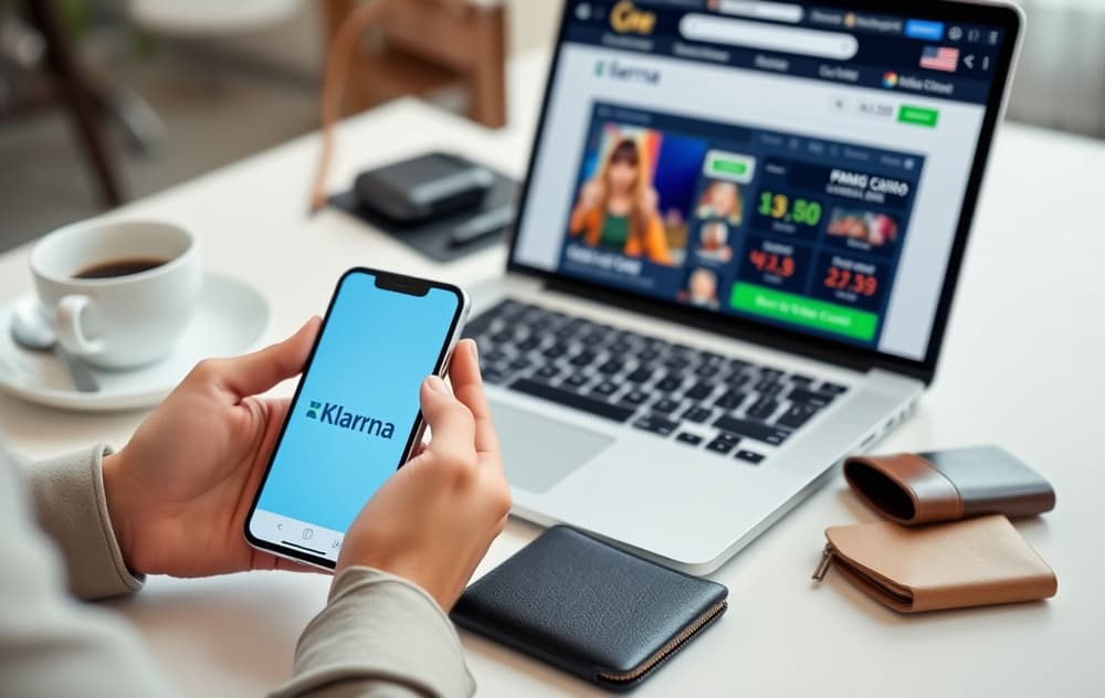 Person som bruker Klarna-appen på mobilen for å sette inn penger på et casino via laptop