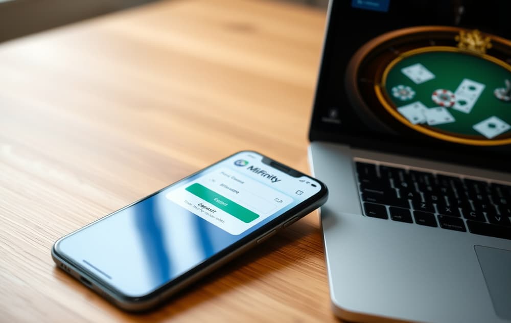 Smarttelefon med MiFinity-appen og en laptop med casinospill i bakgrunnen