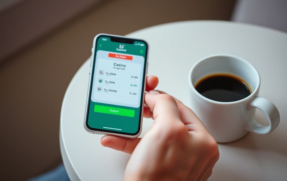 En person som holder en mobiltelefon med en casino-kasse åpen, ved siden av en kopp kaffe.