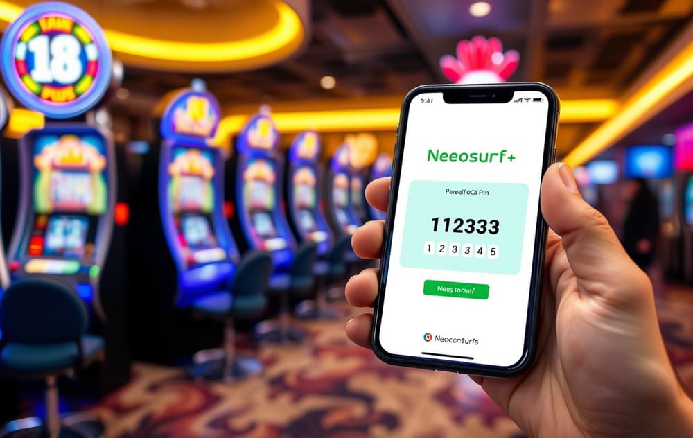 Person som kjøper Neosurf-kupong på mobilen foran et kasinobakgrunn