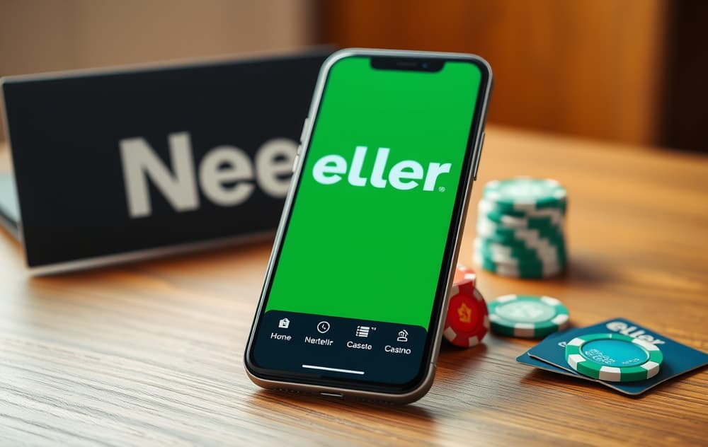 Neteller-app på mobil med casino-elementer i bakgrunnen.