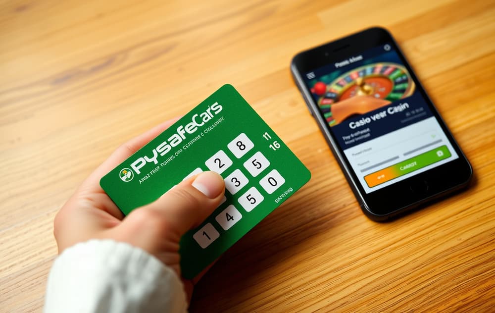Hånd som holder et Paysafecard med PIN-kode ved siden av en mobiltelefon med casino-innskuddsskjerm.