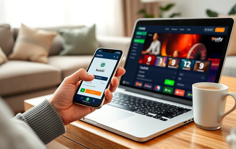 Person som bruker BankID på mobil for å bekrefte Trustly-innskudd på et nettcasino