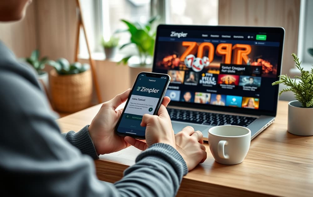 Person med mobiltelefon som viser Zimpler-betalingsbekreftelse, laptop med casino i bakgrunnen, norsk stue