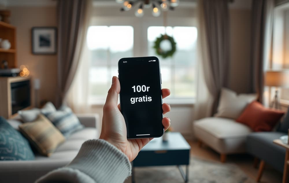 Person som holder en mobiltelefon med en melding om 100 kroner gratis casinobonus.