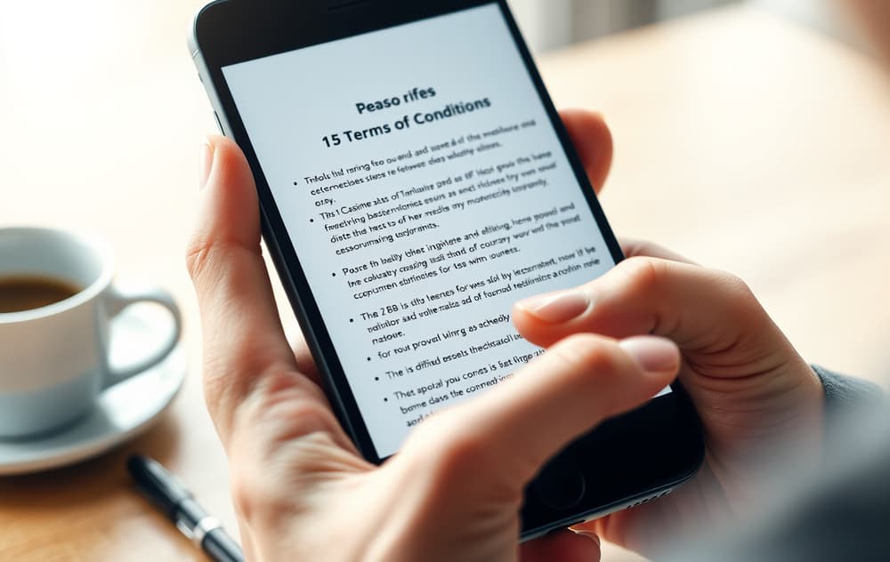 Person som leser bonusvilkår på mobiltelefon, med kaffekopp og penn på bordet.