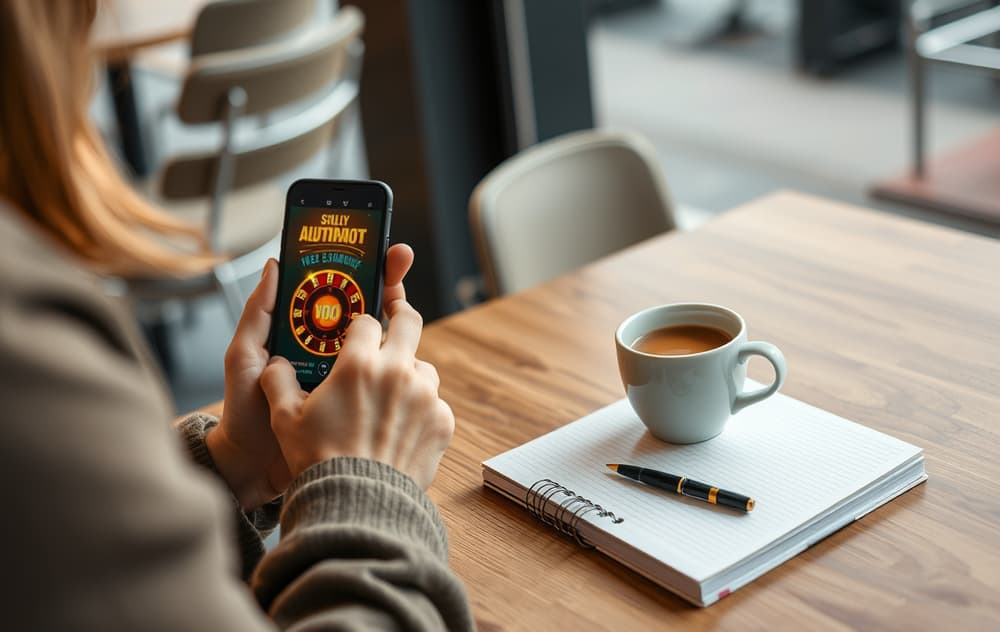 Mobiltelefon med free spins-skjerm på en kafé, med kaffe og notatbok