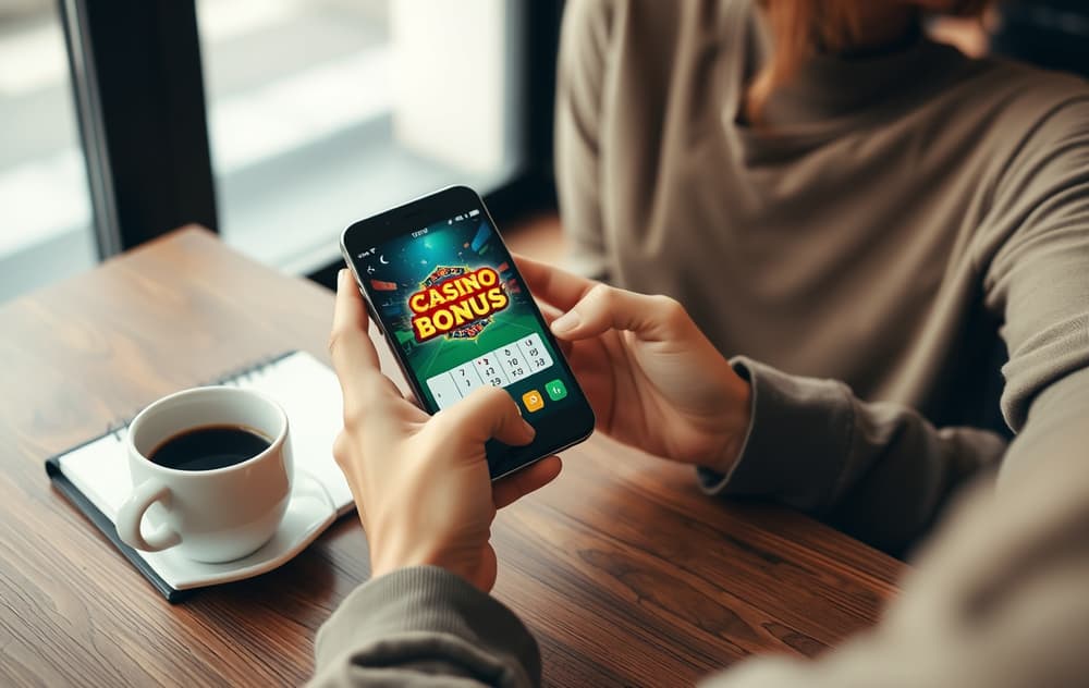 Person som ser på en innskuddsbonus på mobilen, med kopp kaffe og notatblokk på bordet.