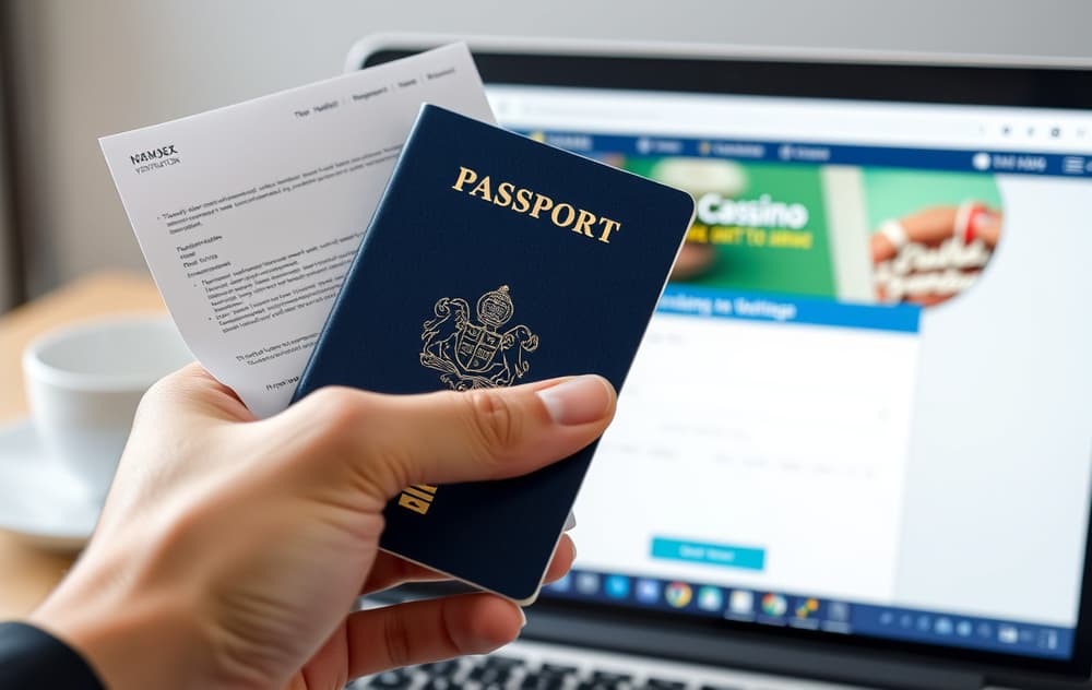 Hånd som holder norsk pass og strømregning foran en bærbar PC med casino-verifiseringsside.