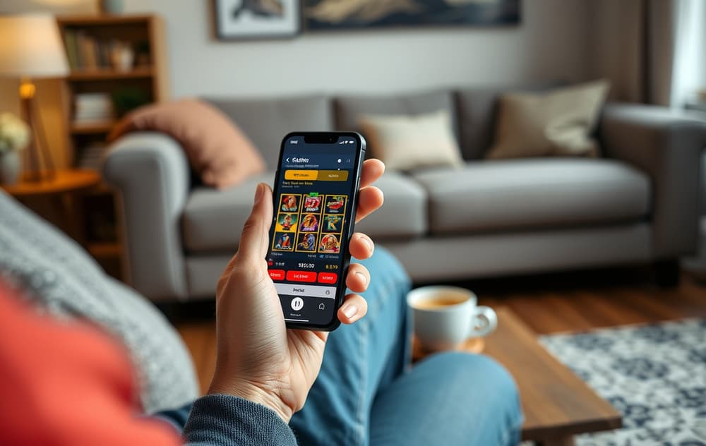 En person sitter i en stue og holder en mobiltelefon med et casino-spill og betalingsskjerm synlig. Kopp kaffe på bordet. Rolig og kontrollert atmosfære.
