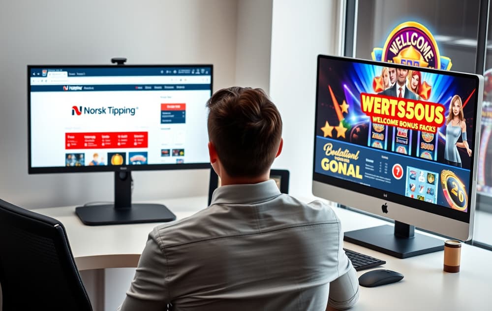 En person som sammenligner Norsk Tipping og et nettcasino på to skjermer.