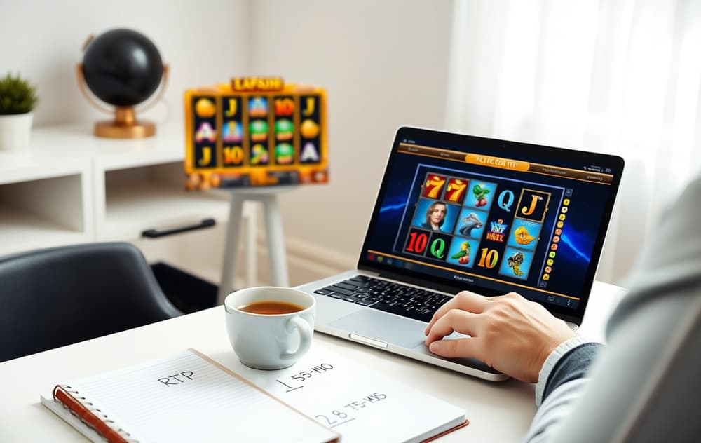 Person som sjekker RTP på en spilleautomat på laptop, med notater og kaffekopp