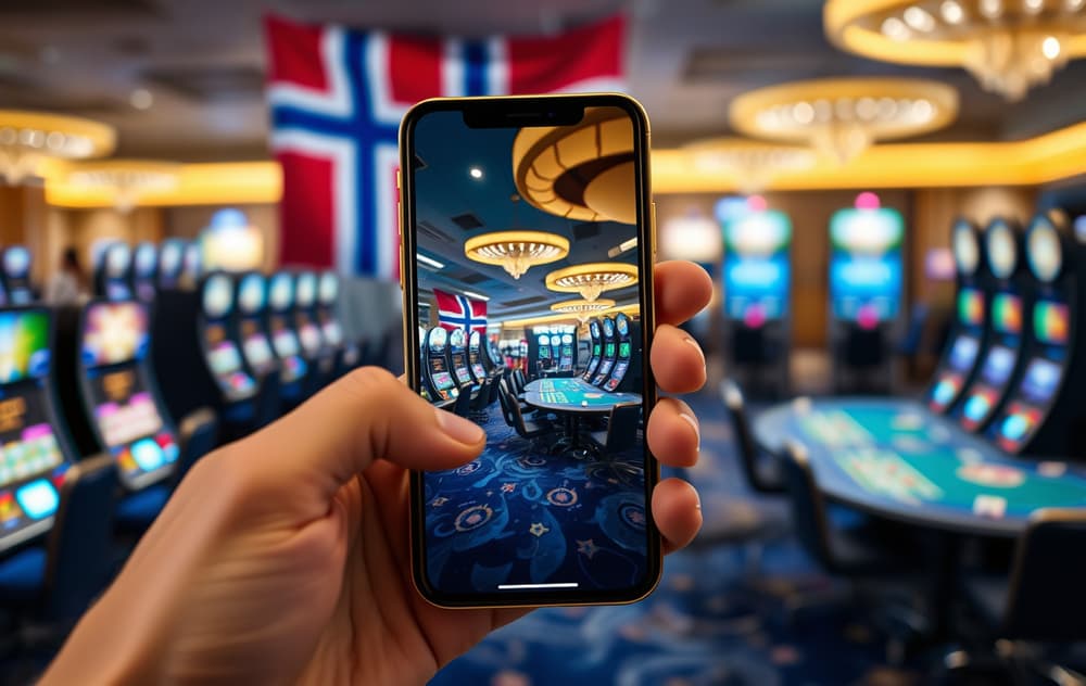 Mobiltelefon som viser et nettcasino med spilleautomater og live dealer, norsk flagg i bakgrunnen.