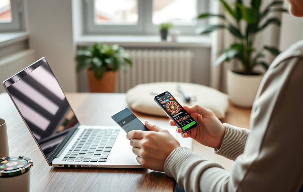 Person som sammenligner nettcasino på laptop og mobil i et stue-miljø