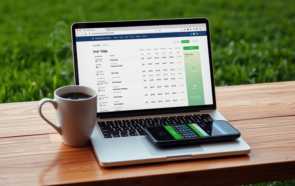 Bettingside for fotballodds på laptop med kopp kaffe og mobiltelefon.
