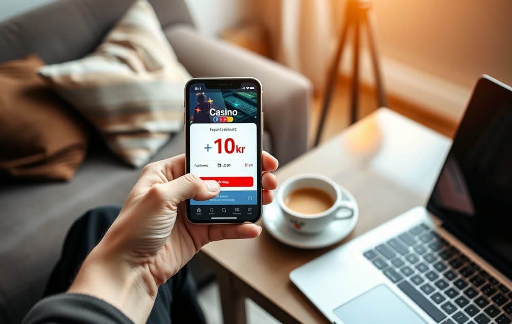 Skjermbilde av casino-app med innskudd på 10 kroner på smarttelefon.