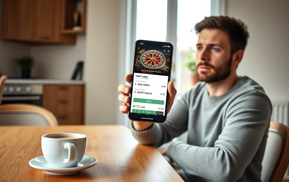 Person med smartphone som viser casino med lavt innskudd, norsk hjemmemiljø.