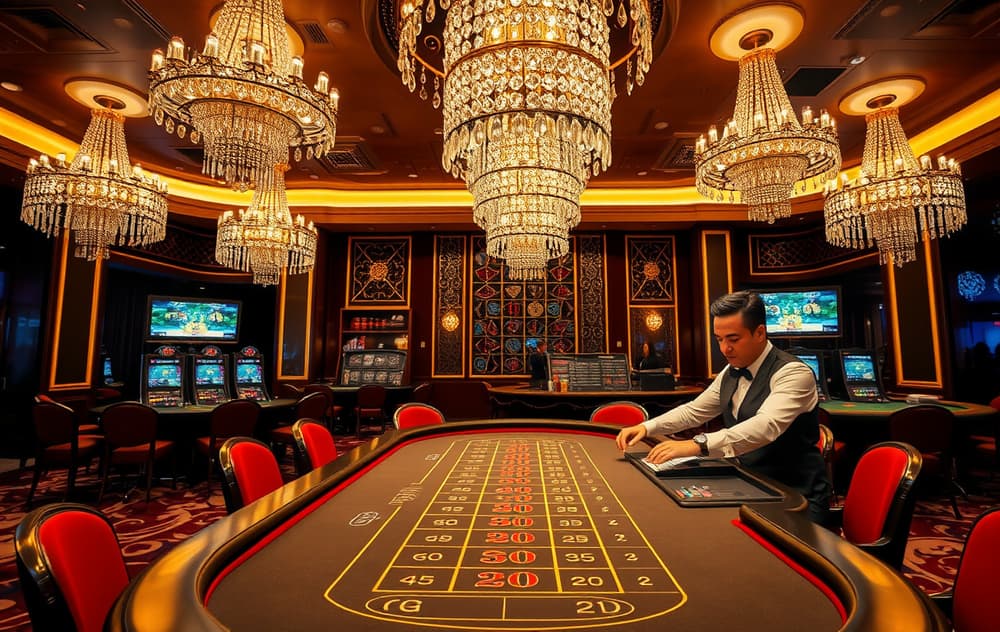 Highroller casino lounge med VIP-bord, lysekroner og dealer i bakgrunnen.