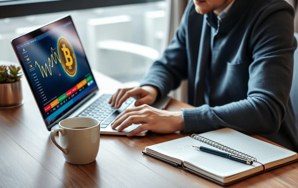 En person som sammenligner kryptocasinoer på en laptop med kryptovaluta-symboler.