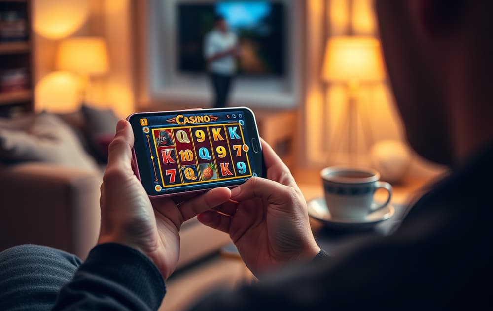 Person som spiller mobilcasino i stuen.