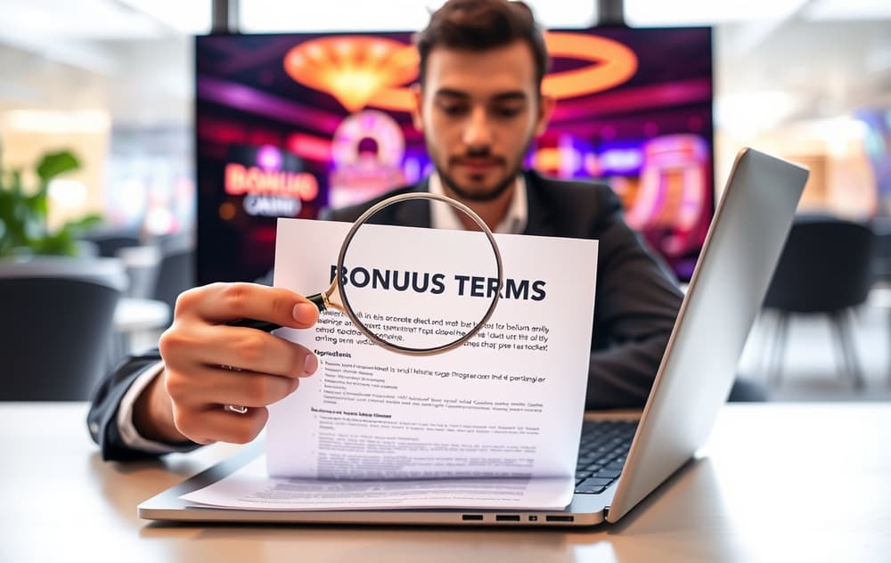 En person som studerer bonusvilkår med lupe foran en pc – illustrasjon av grundig casino-sammenligning.