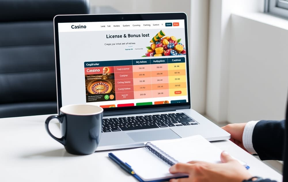 Person som sammenligner norske casinoer på laptop med notater om lisenser og bonuser