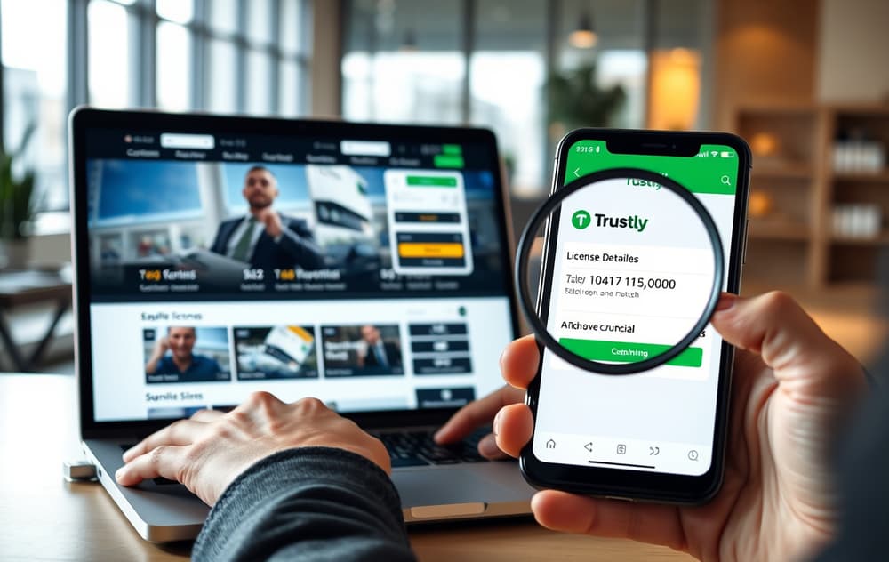 Person som sammenligner bettingsider på laptop og mobil, med fokus på lisens og uttak