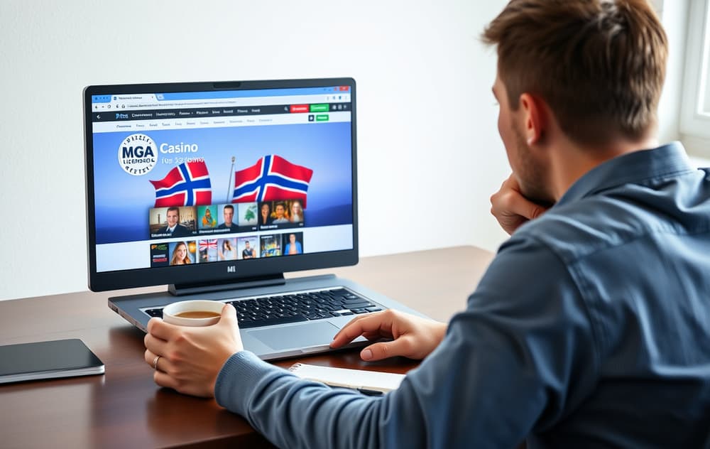 Person som sjekker et trygt casino på laptop med MGA-lisens og norsk flagg