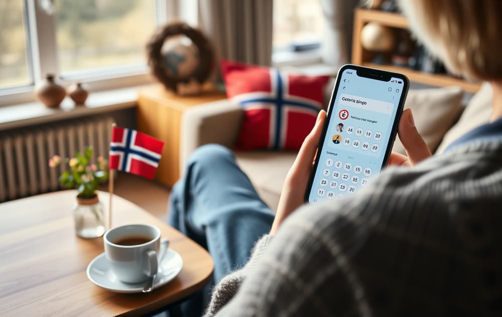 Person som spiller bingo på mobil i en norsk stue