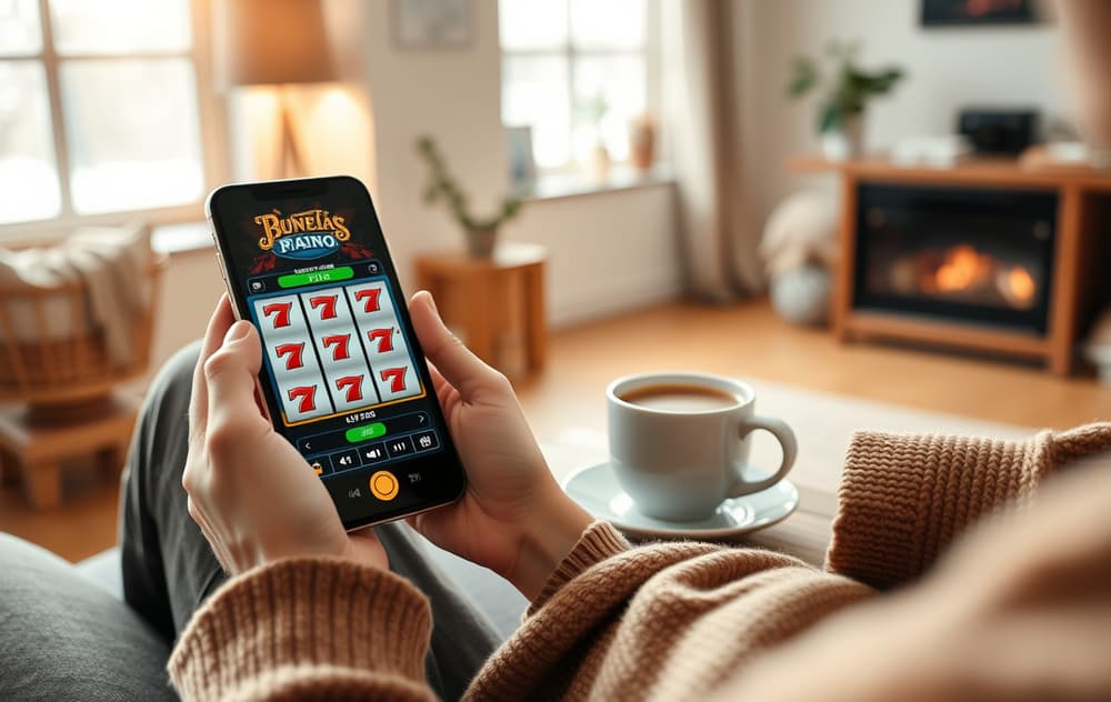 En person spiller gratis spilleautomater på mobilen i en stue