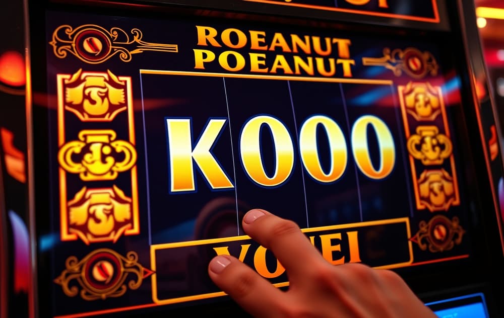 Nærbilde av en spilleautomat som viser en progressiv jackpot på flere millioner kroner, med en hånd som trykker på startknappen.