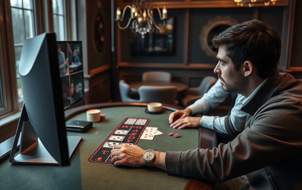 En person spiller live blackjack på PC med ekte dealer på skjermen