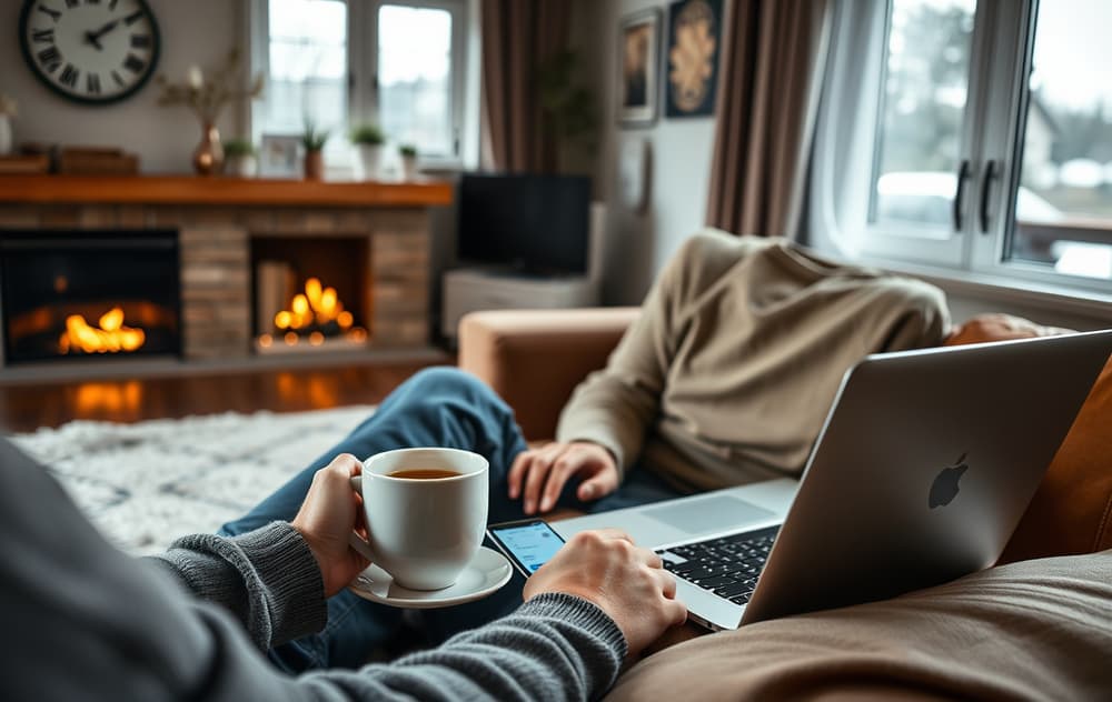 En person spiller poker på en bærbar PC i en norsk stue, med kaffekopp og mobiltelefon.