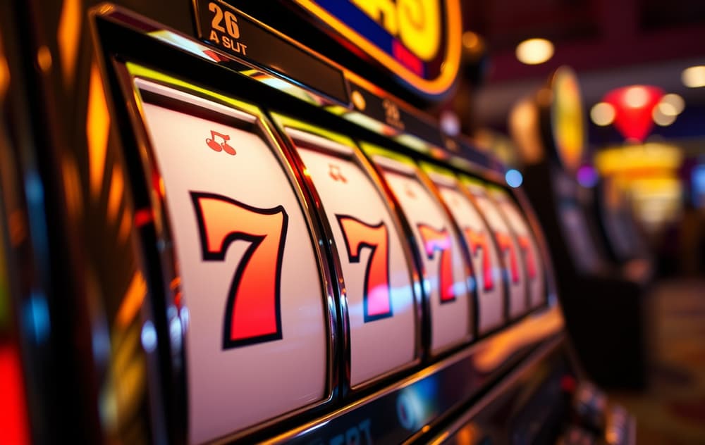 Nærbilde av en spilleautomat med kirsebær og syvere, neonlys i bakgrunnen